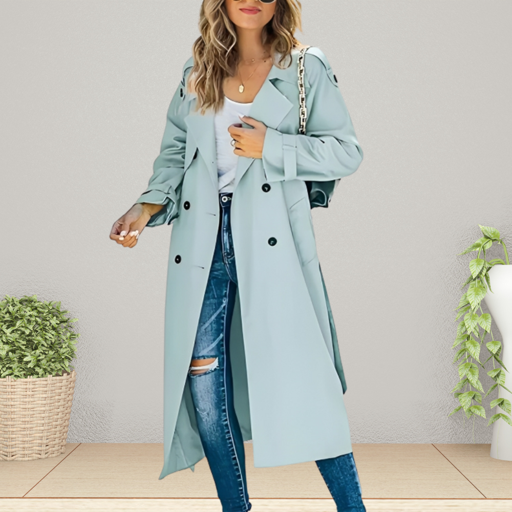 Trench Femme Croisé Col Cranté Long - Bleu Clair