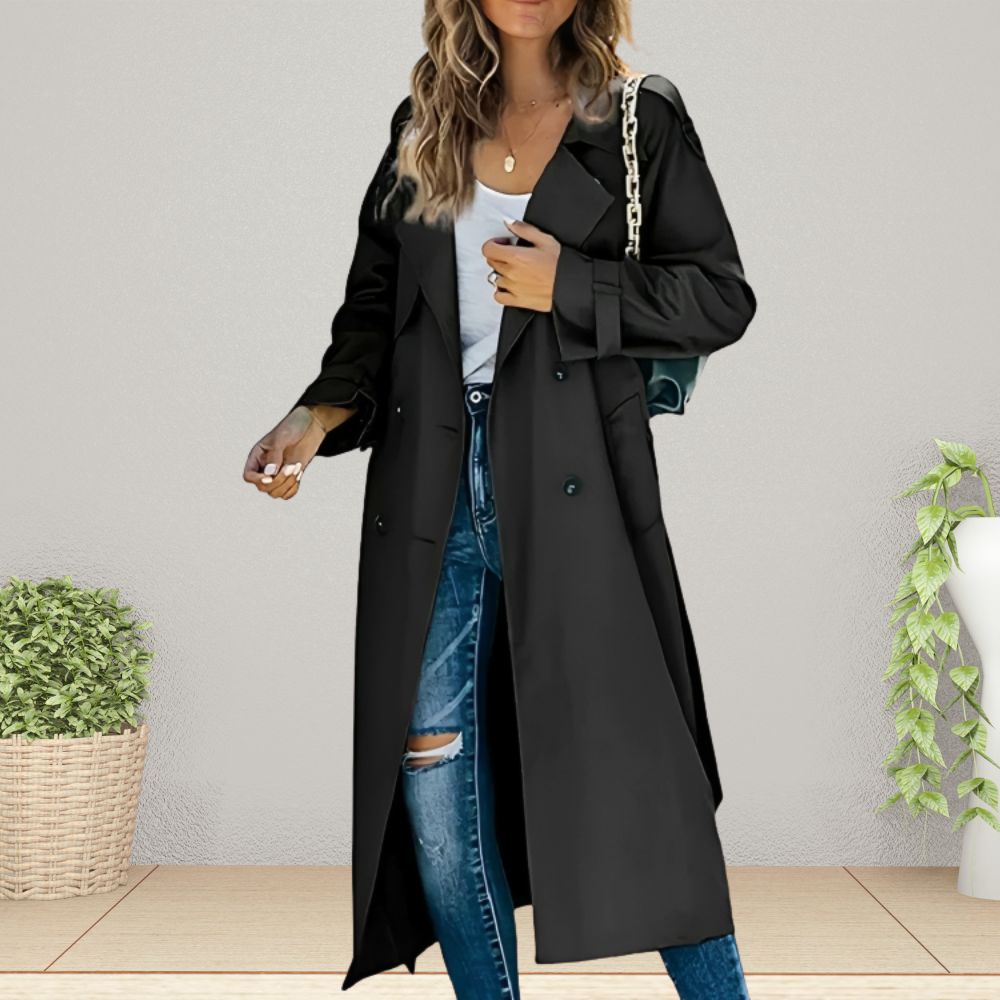 Trench Femme Croisé Col Cranté Long - Noir