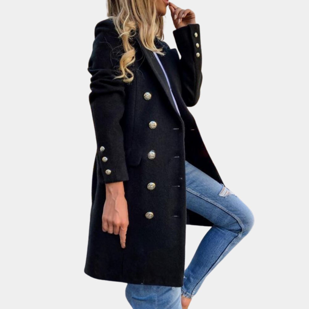 Trench femme en laine croisé cintré long - Noir