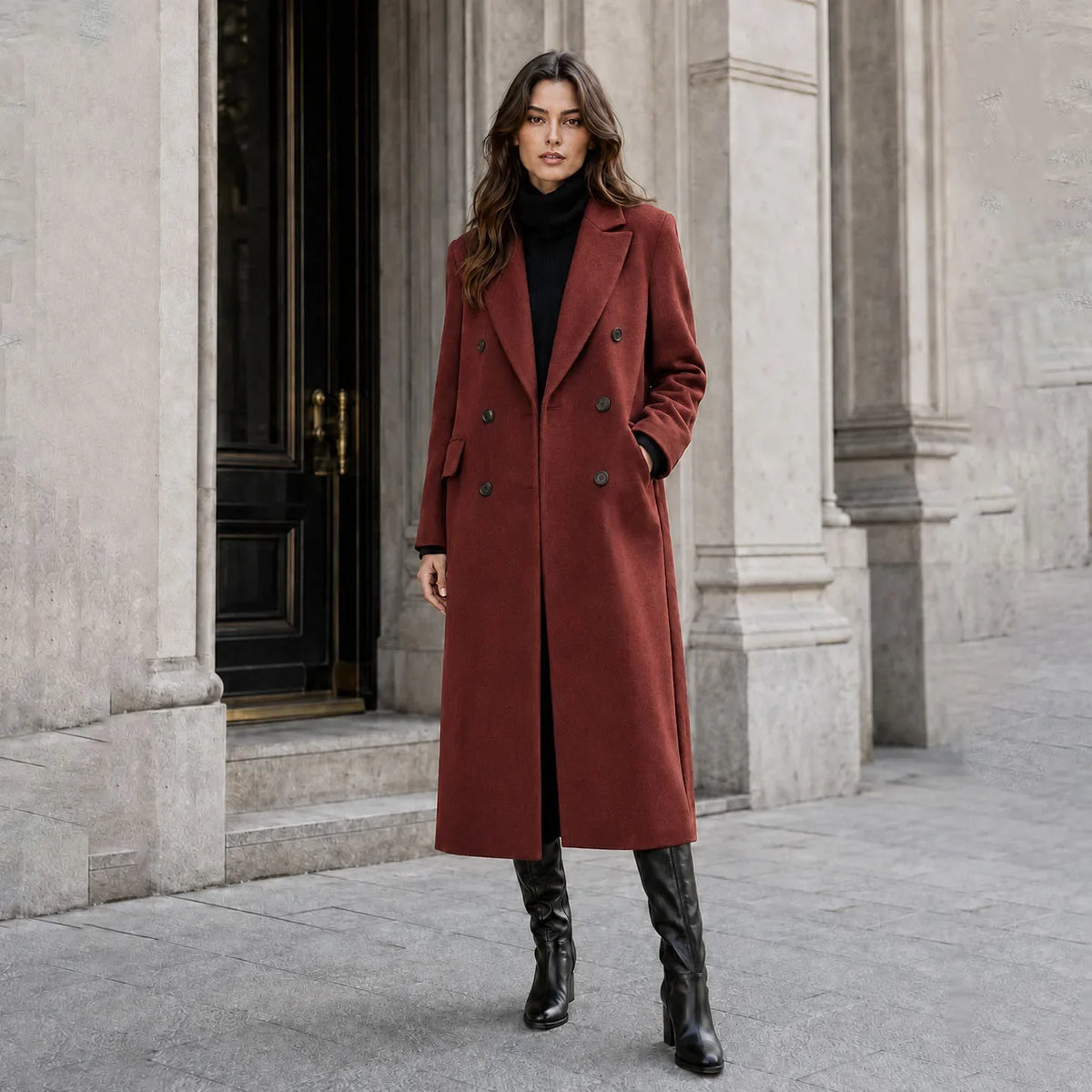 Trench femme en laine croisé long - Bordeaux