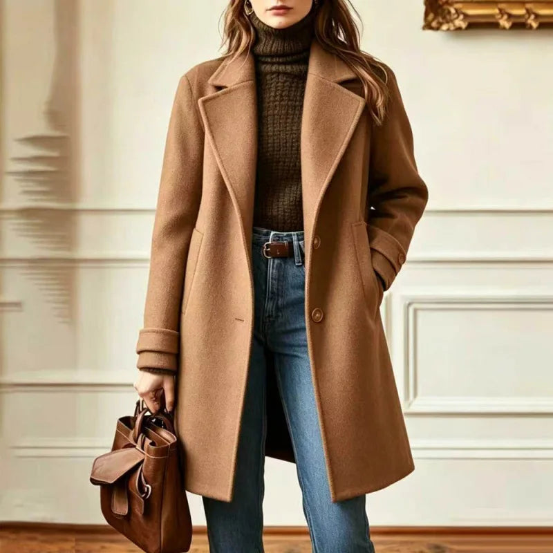 Trench Femme Mélange Laine Col Rétro Mi-Long - Camel