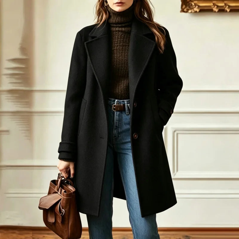 Trench Femme Mélange Laine Col Rétro Mi-Long - Noir