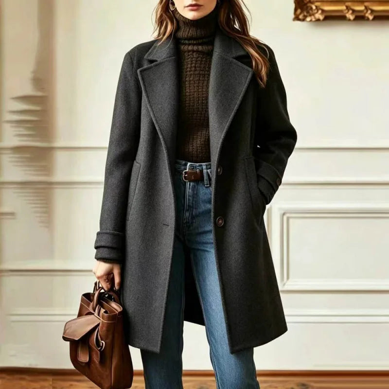Trench Femme Mélange Laine Col Rétro Mi-Long - Gris