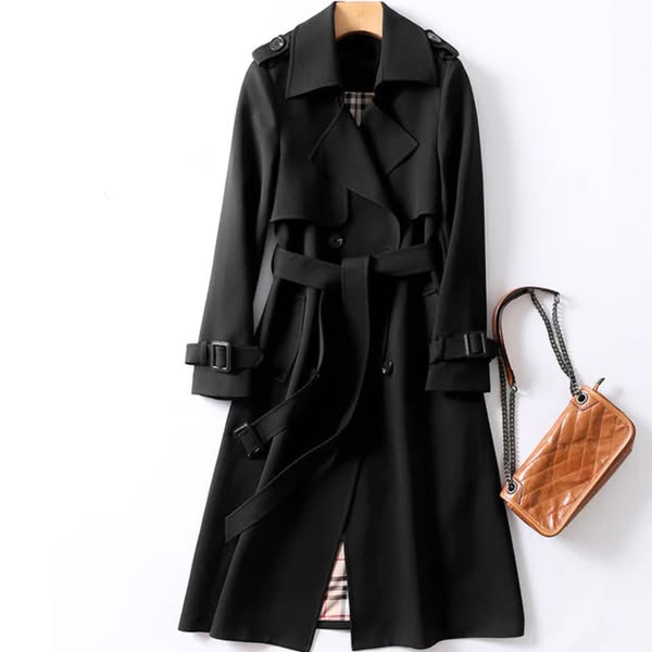 Trench long femme ceinturé imperméable mi-saison - Noir
