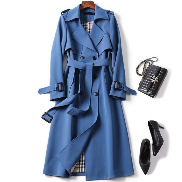 Trench long femme ceinturé imperméable mi-saison - Bleu