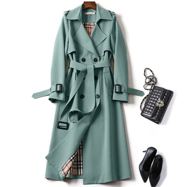 Trench long femme ceinturé imperméable mi-saison - Vert