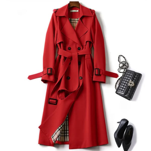 Trench long femme ceinturé imperméable mi-saison - Rouge