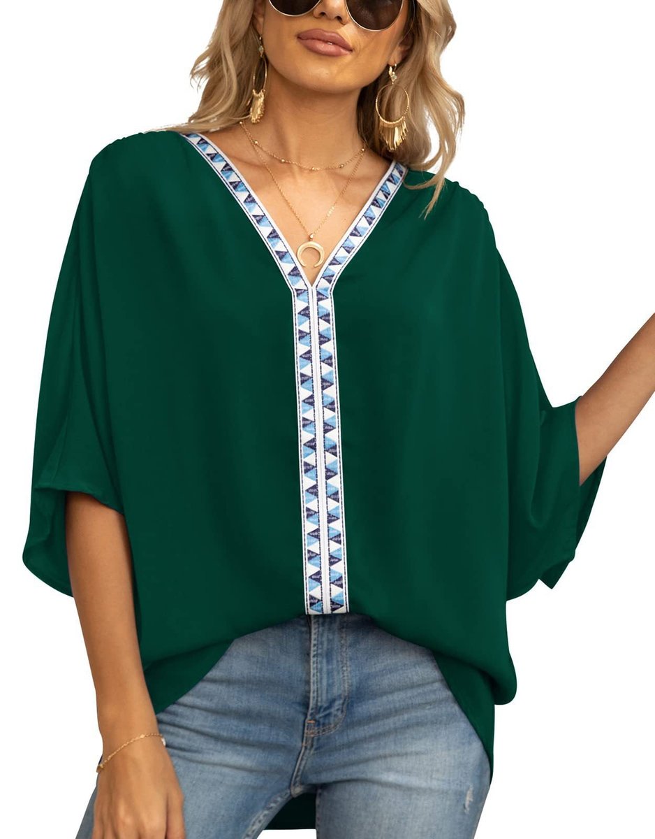 Tunique brodée col V oversize femme manches courtes boho