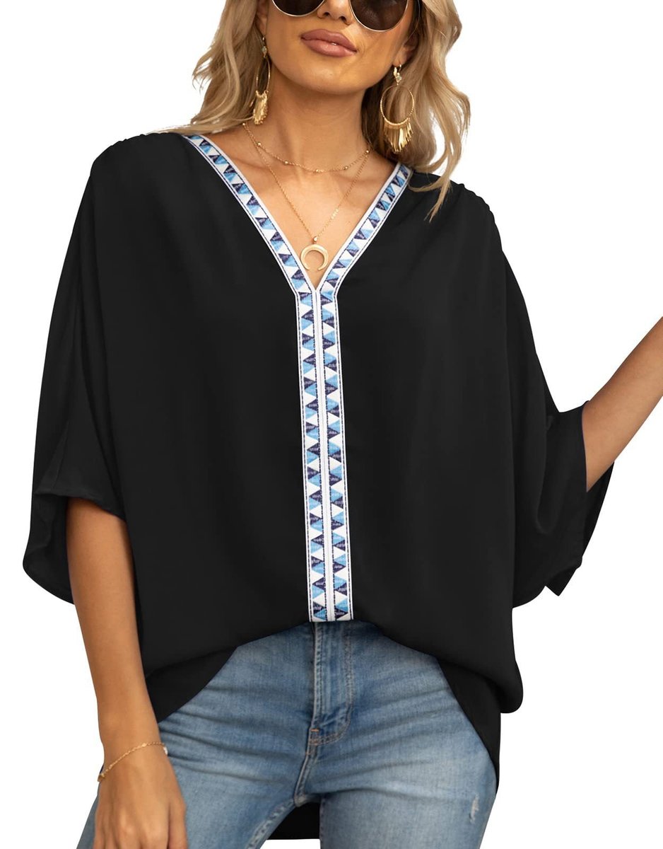Tunique brodée col V oversize femme manches courtes boho