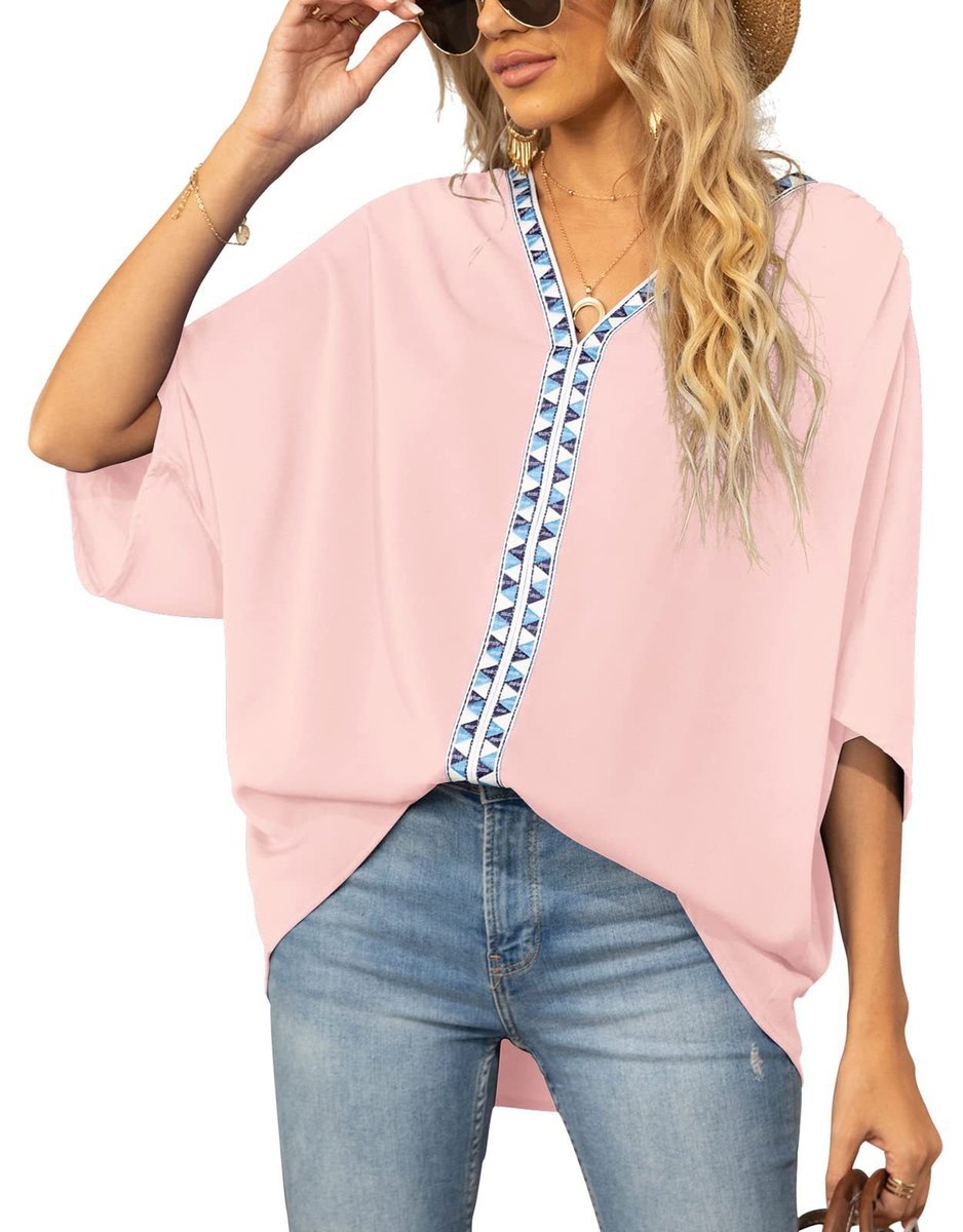Tunique brodée col V oversize femme manches courtes boho