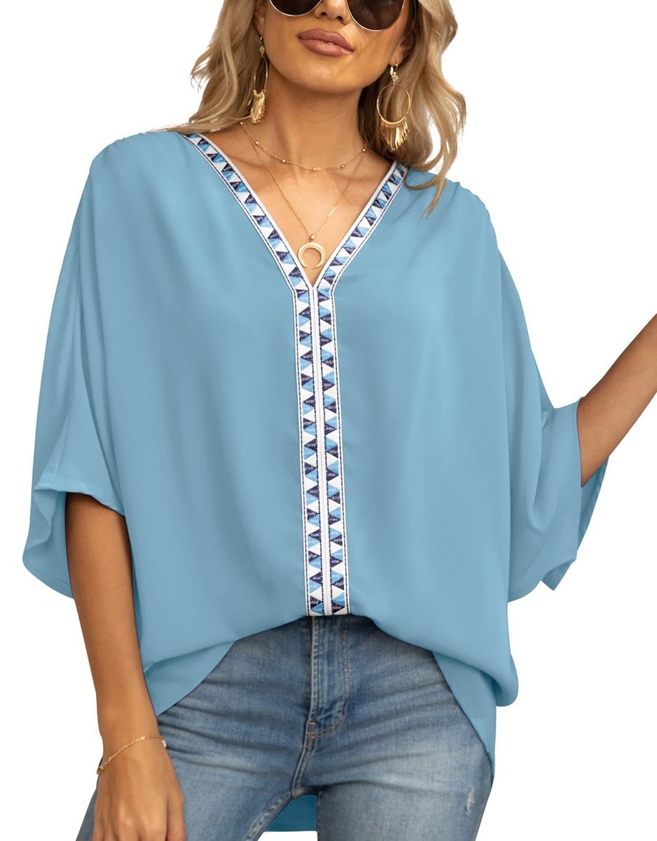 Tunique brodée col V oversize femme manches courtes boho