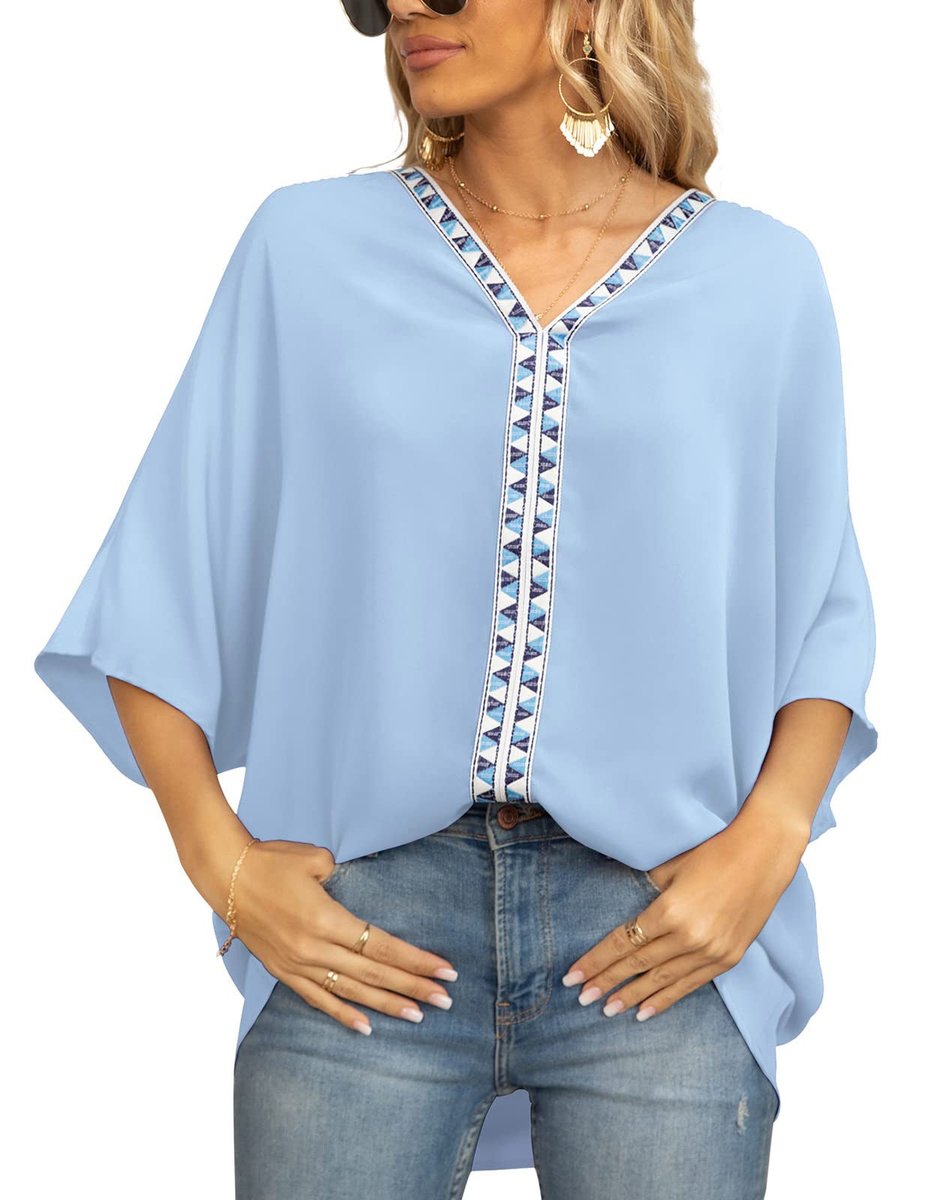 Tunique brodée col V oversize femme manches courtes boho