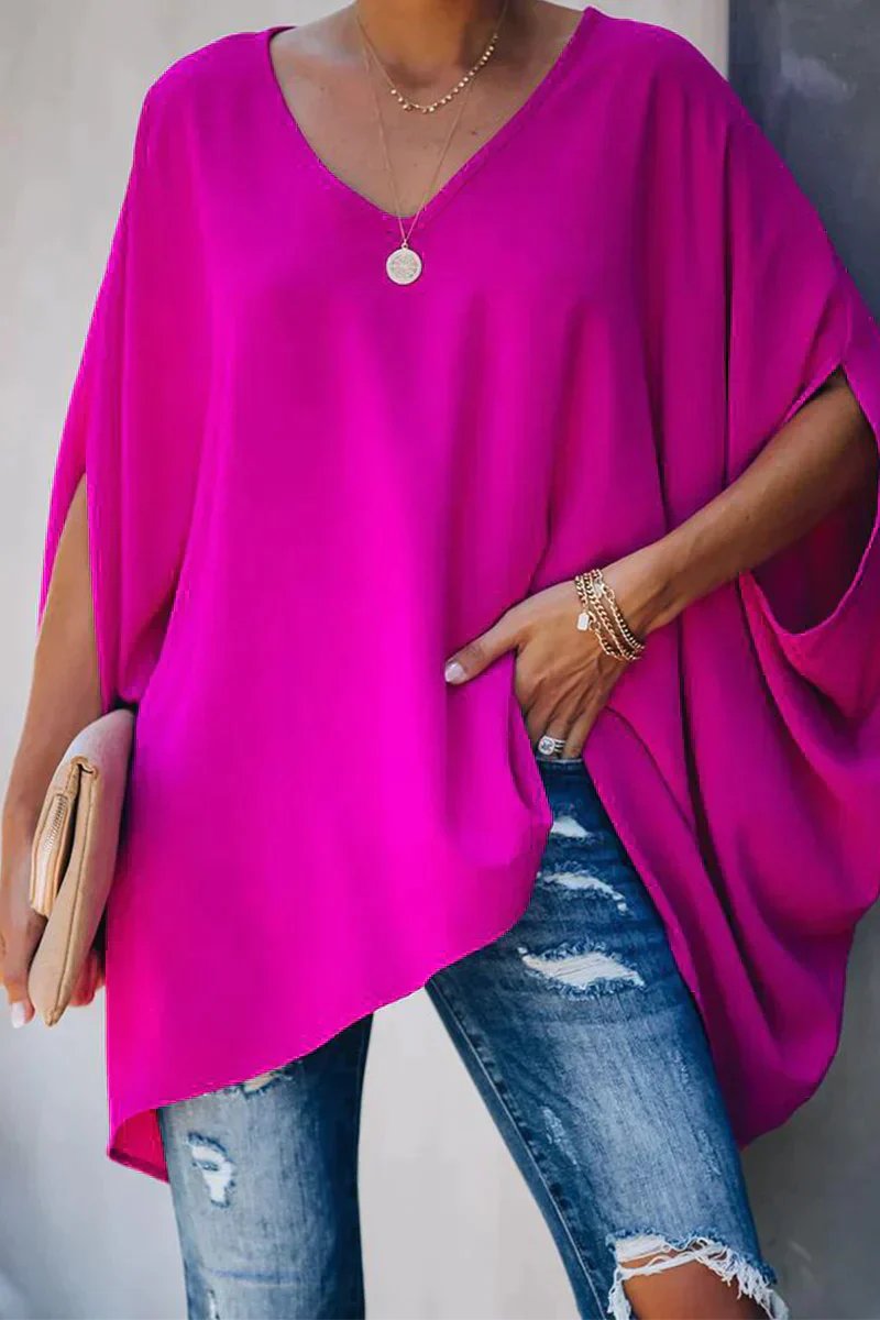 Tunique Femme Col V Manches Chauve-Souris Oversize