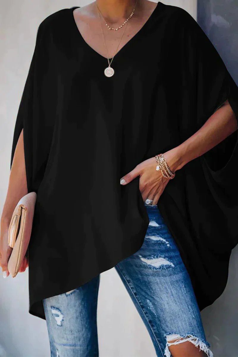Tunique Femme Col V Manches Chauve-Souris Oversize
