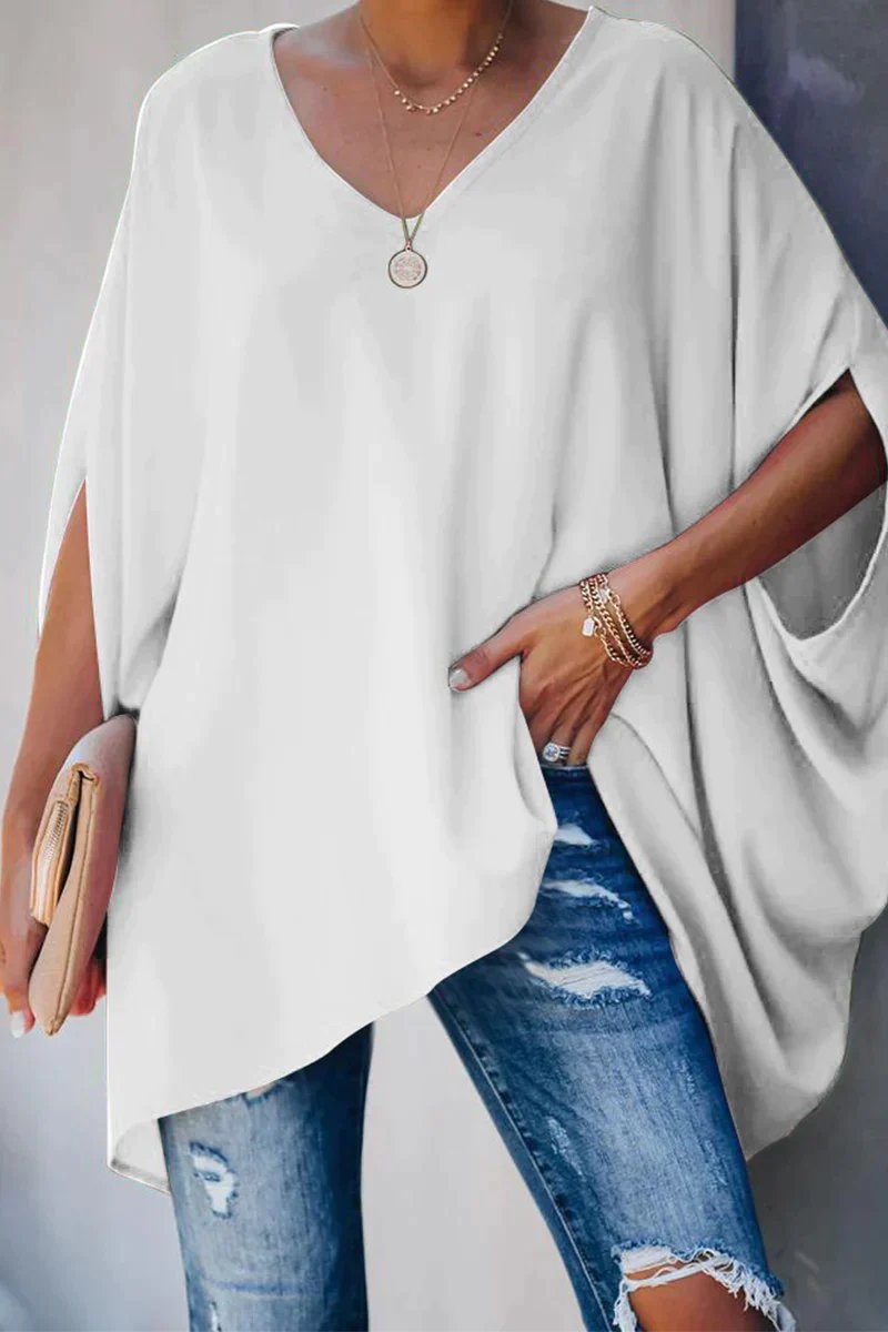 Tunique Femme Col V Manches Chauve-Souris Oversize