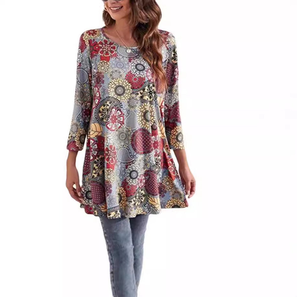 Tunique Femme Imprimé Mandala Manches 3/4 Col Rond