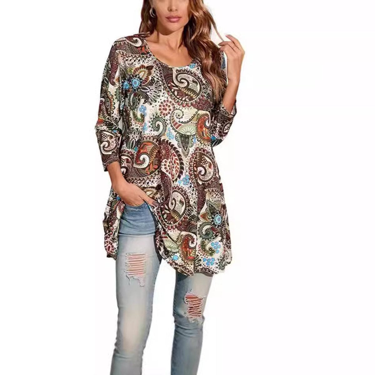 Tunique Femme Imprimé Mandala Manches 3/4 Col Rond