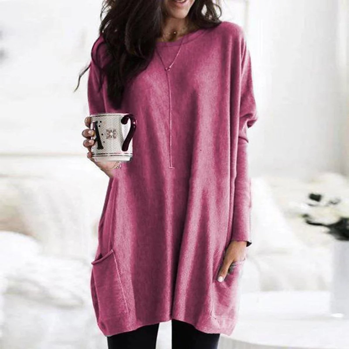 Tunique Oversize Col Rond Manches Longues Femme