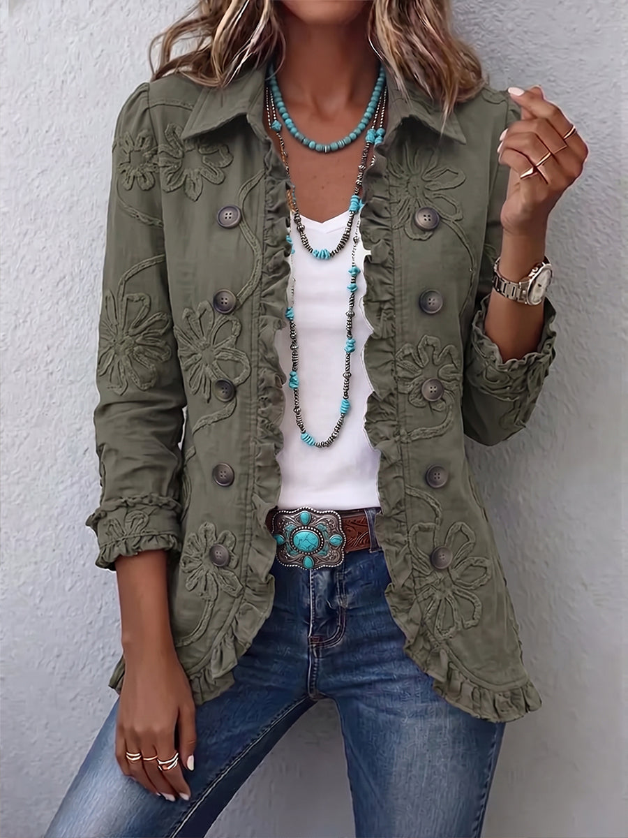 Veste Bohème Femme Brodée Fleurs Col Pointu Coupe Détendue