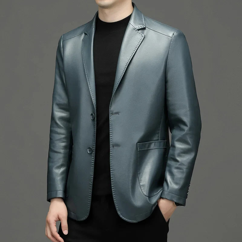 Veste en Cuir Col Cranté Doublée Fermeture Deux Boutons