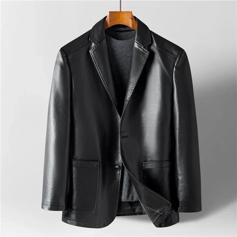Veste en cuir col cranté doublée deux boutons - Noir