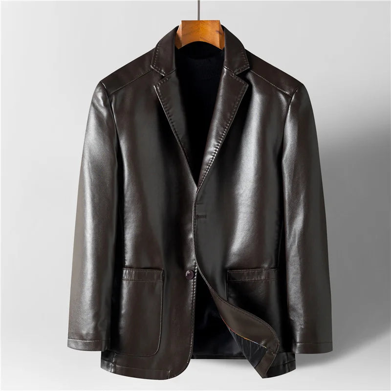 Veste en cuir col cranté doublée deux boutons - Marron