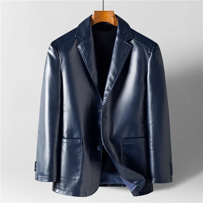 Veste en cuir col cranté doublée deux boutons - Bleu