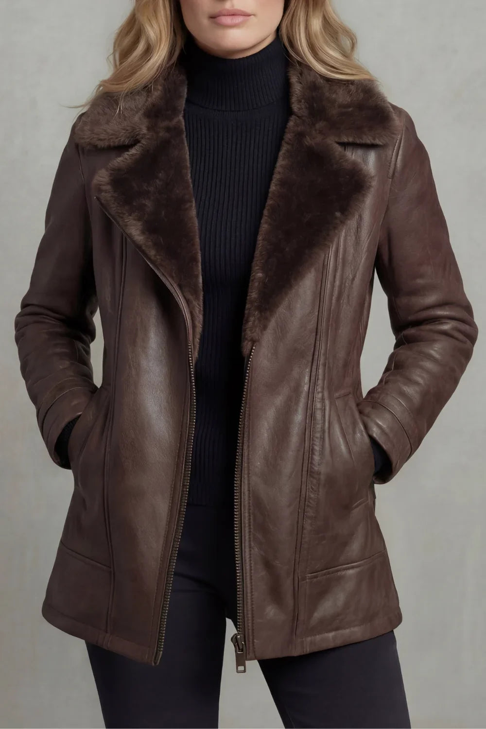 Veste en cuir femme col en mouton coupe ajustée - Marron
