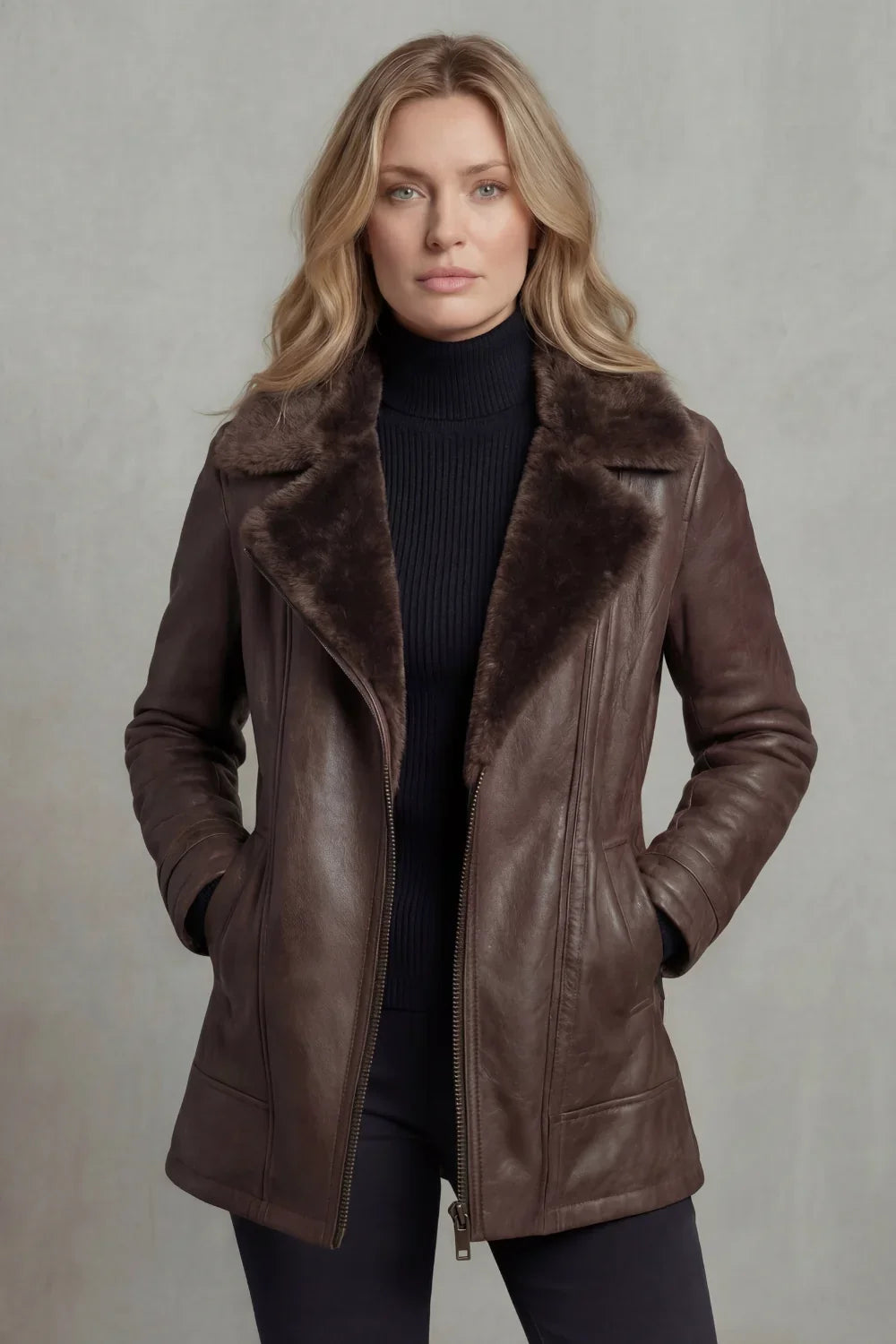 Veste en cuir femme col en mouton coupe ajustée