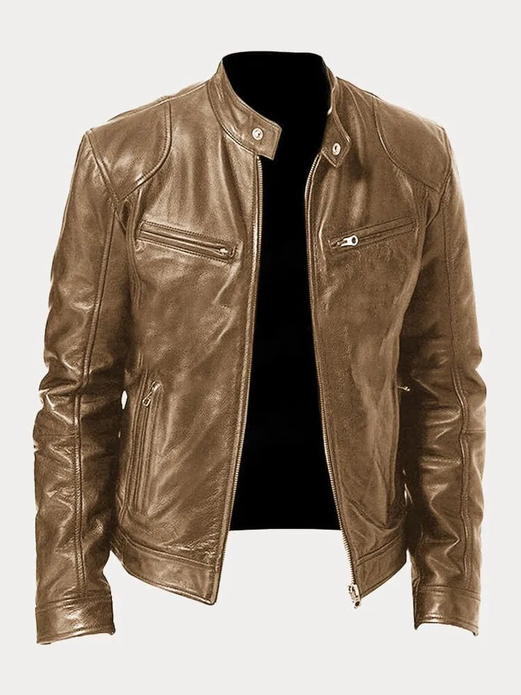 Veste en cuir homme décontractée coupe ajustée - Kaki
