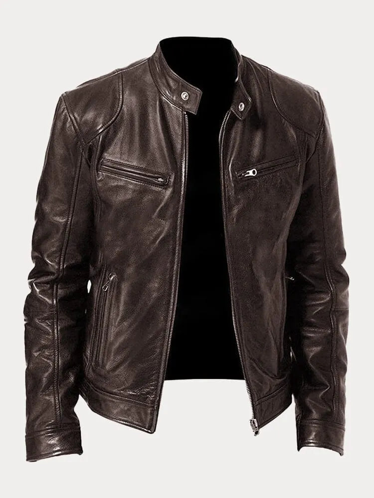 Veste en cuir homme décontractée coupe ajustée - Marron Foncé