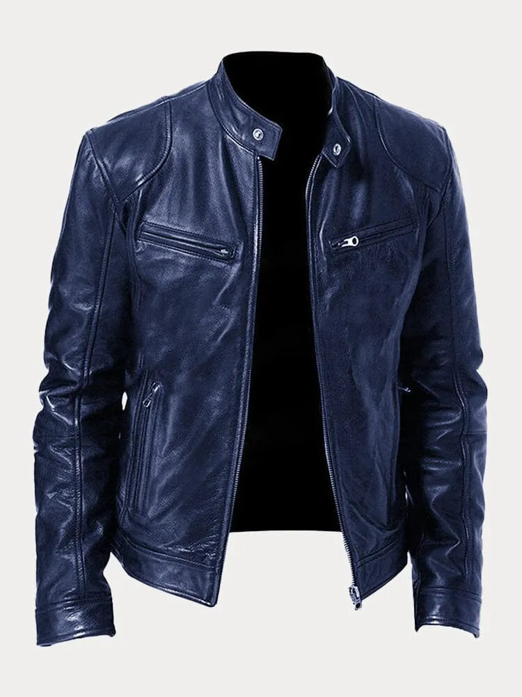 Veste en cuir homme décontractée coupe ajustée - Bleu Foncé
