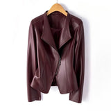 Veste en cuir véritable zip asymétrique col V - Bordeaux