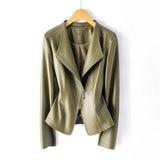 Veste en cuir véritable zip asymétrique col V - Vert Olive