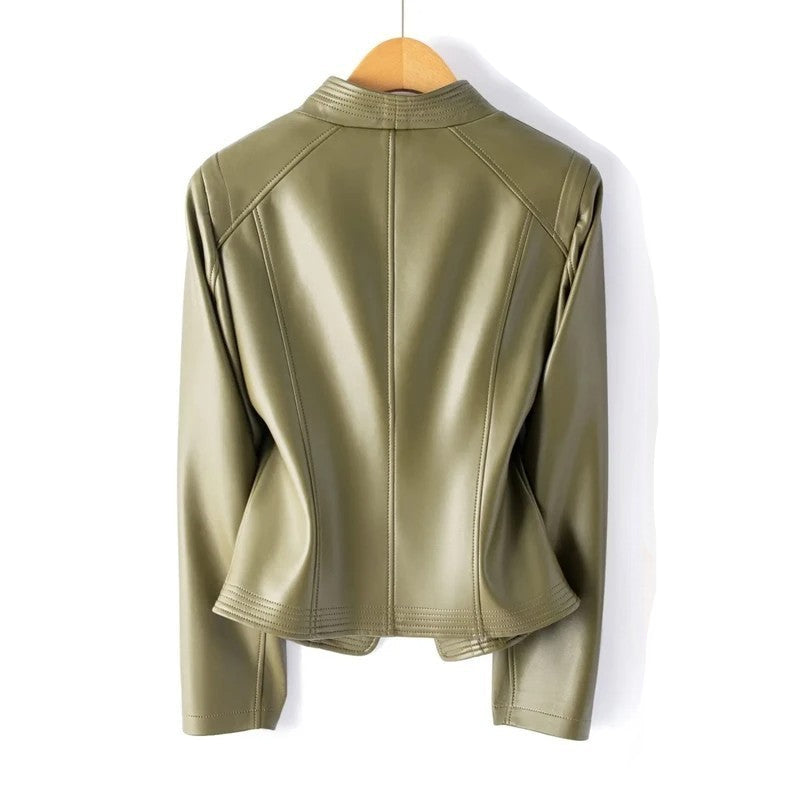 Veste en cuir véritable zip asymétrique col V