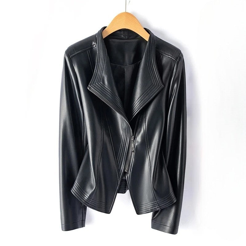 Veste en cuir véritable zip asymétrique col V - Noir