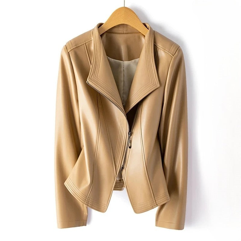 Veste en cuir véritable zip asymétrique col V - Camel