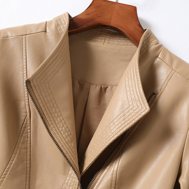 Veste en cuir véritable zip asymétrique col V