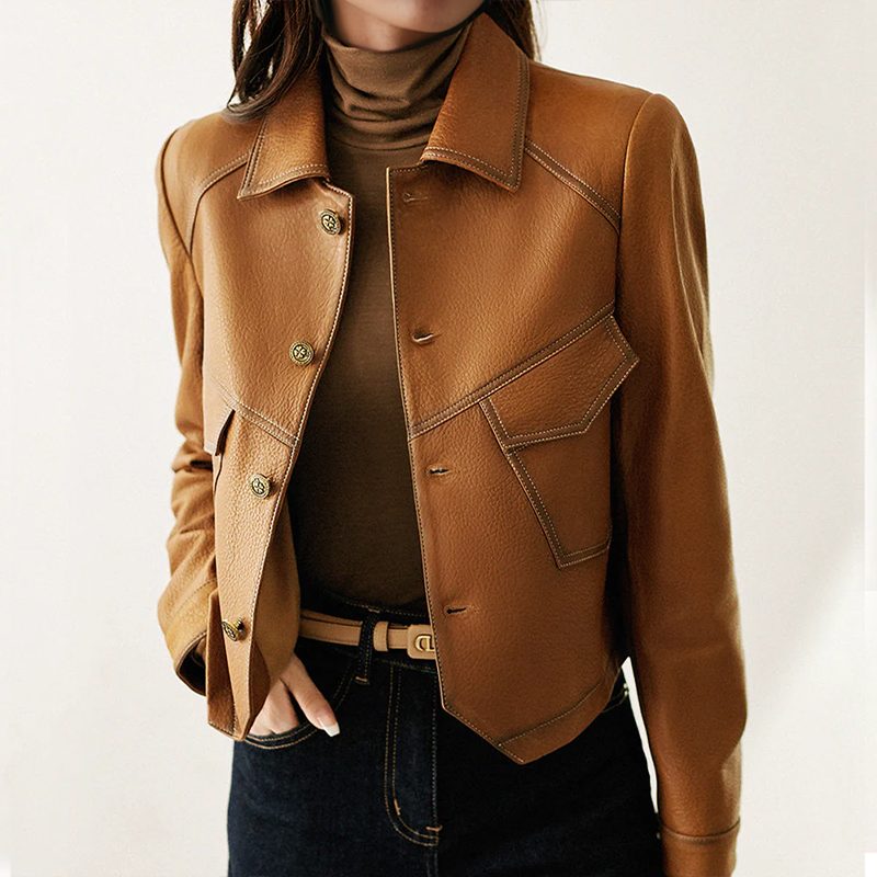 Veste en cuir vintage femme cropped col à revers - Marron