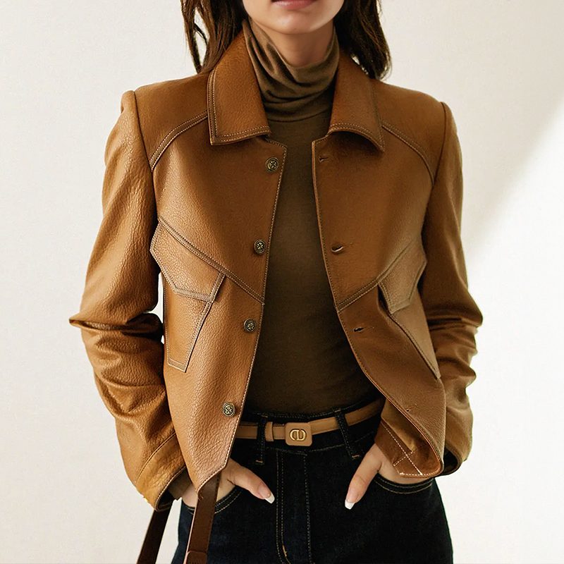 Veste en cuir vintage femme cropped col à revers