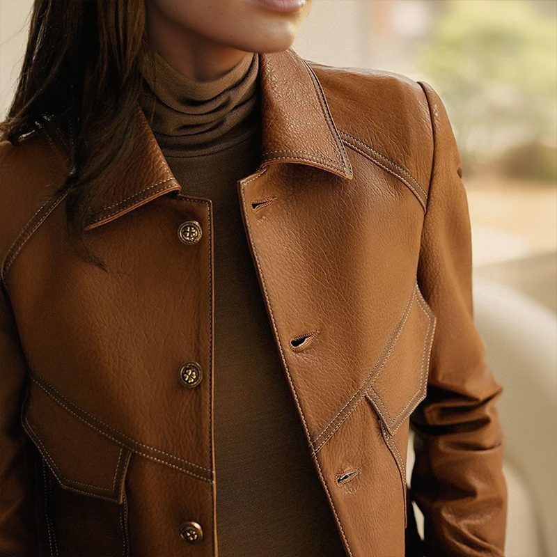 Veste en cuir vintage femme cropped col à revers