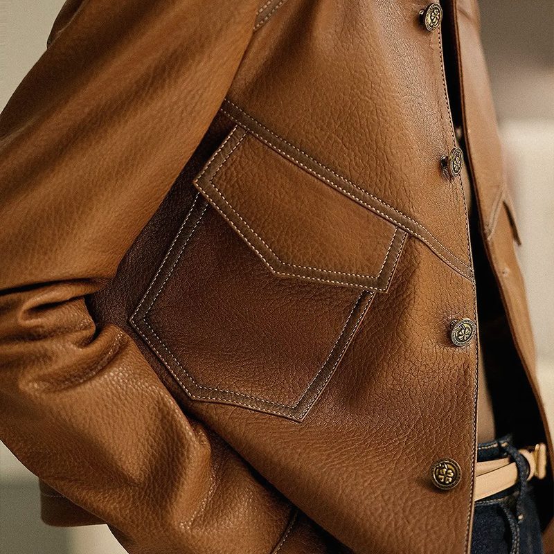 Veste en cuir vintage femme cropped col à revers