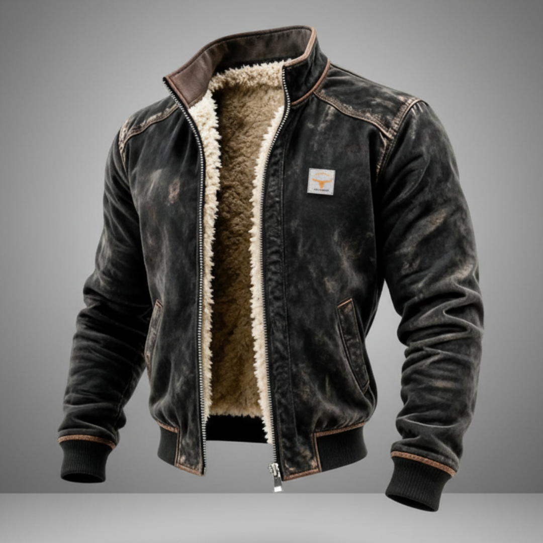 Veste en cuir vintage homme avec doublure fourrée chaude - Noir