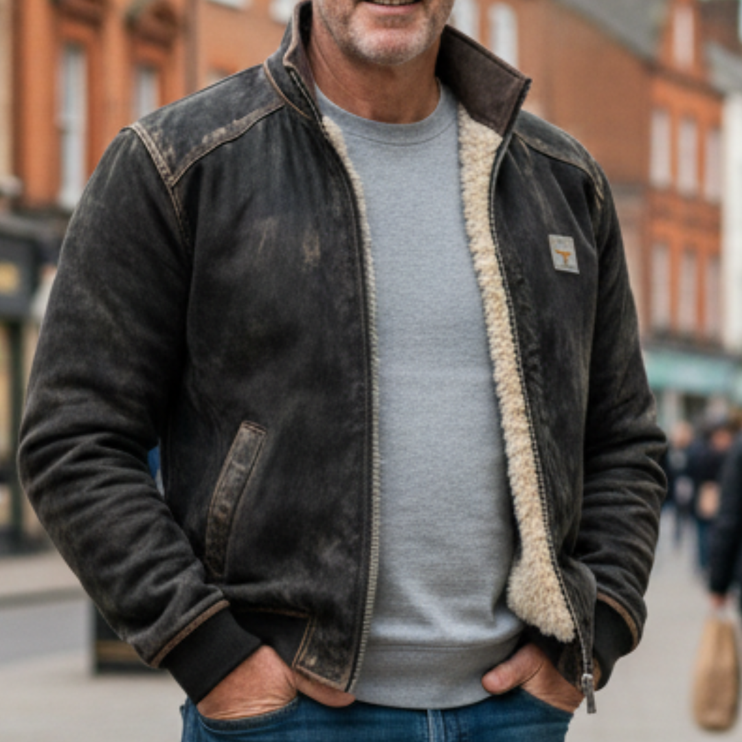 Veste en cuir vintage homme avec doublure fourrée chaude