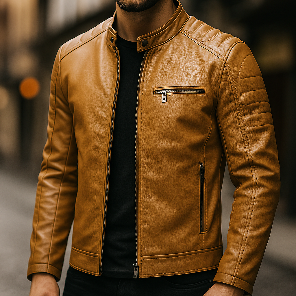 Veste en cuir zippée multipoches coupe moderne - Tan