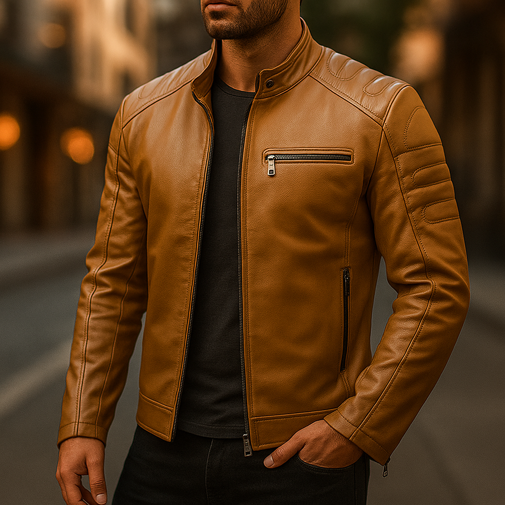 Veste en cuir zippée multipoches coupe moderne