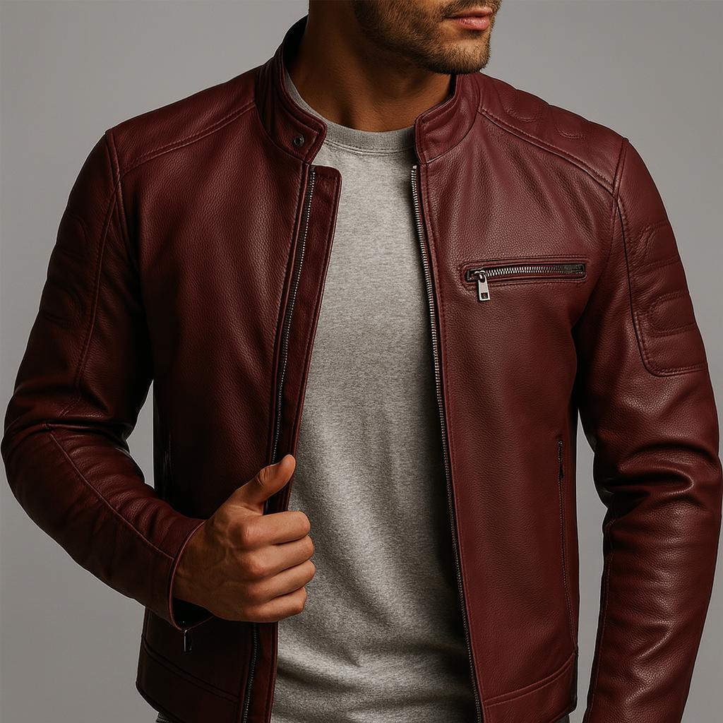 Veste en cuir zippée multipoches coupe moderne