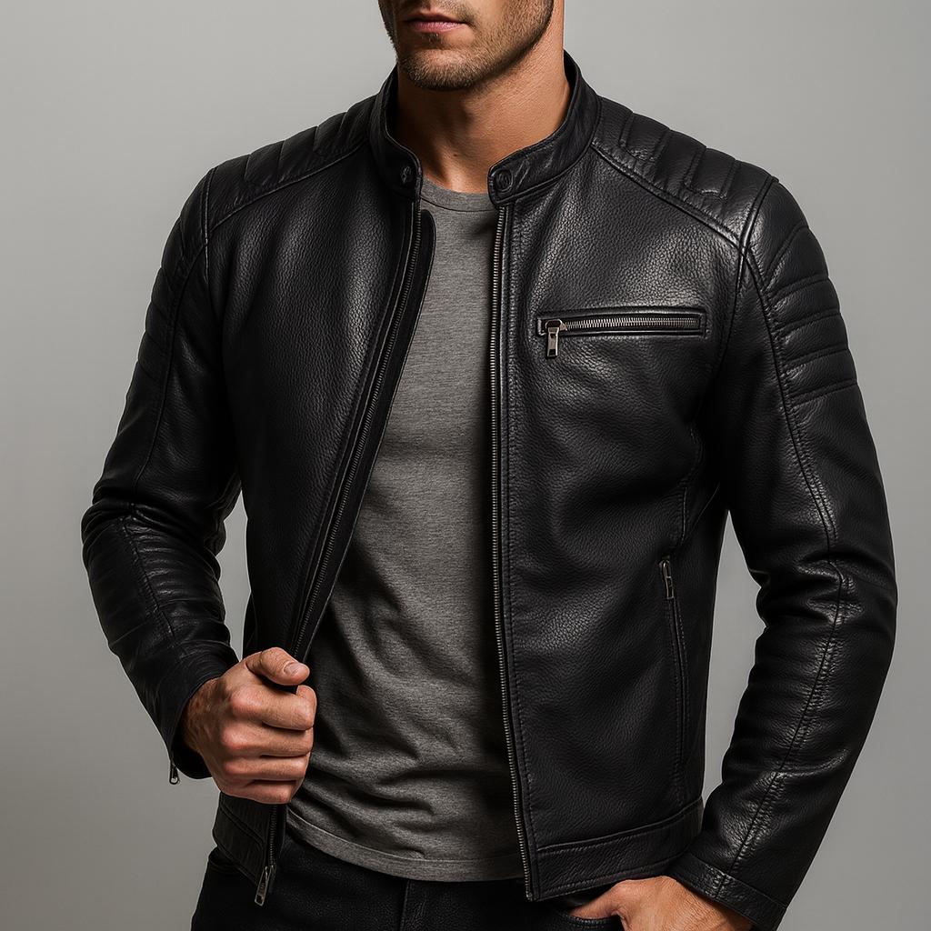 Veste en cuir zippée multipoches coupe moderne - Noir