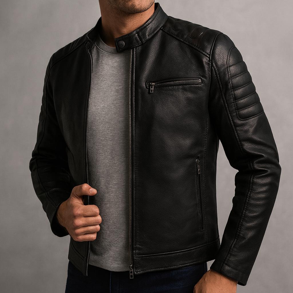 Veste en cuir zippée multipoches coupe moderne