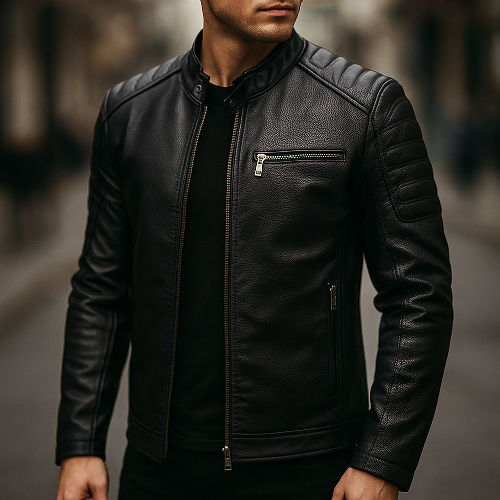 Veste en cuir zippée multipoches coupe moderne